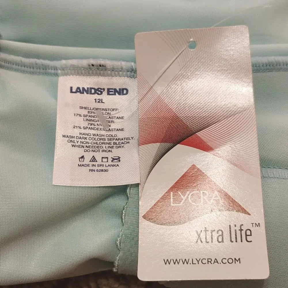 NWT Lands' End Aqua Blue Gingham Tummy Control Swim Dress Size 12 LONG Modest